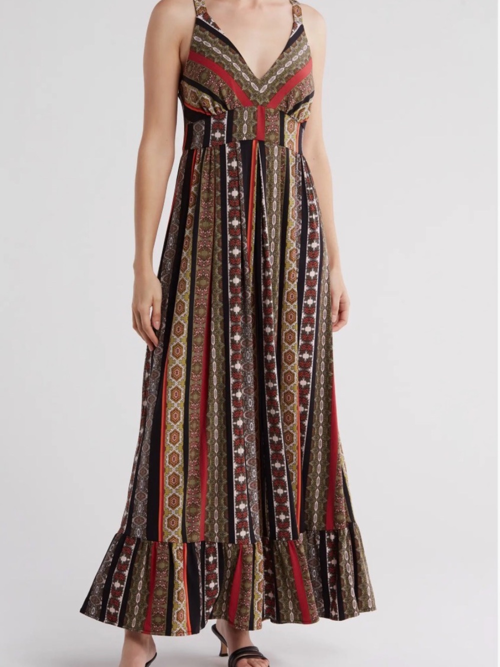 Tahari Striped Maxi Dress in Olive, Red and Black